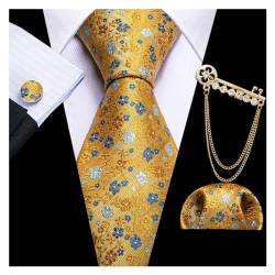 CYZJPRVN Gold Messing Jacquard Seide Herren Krawatte Einstecktuch Manschettenknopf Brosche Set Floral Paisley Krawattennadel for männliche Hochzeit Geschäftsgeschenk wanglan (Color : N-5916-XZ-0301) von CYZJPRVN