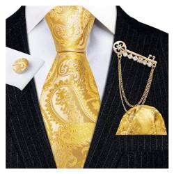 CYZJPRVN Gold Messing Jacquard Seide Herren Krawatte Einstecktuch Manschettenknopf Brosche Set Floral Paisley Krawattennadel for männliche Hochzeit Geschäftsgeschenk wanglan (Color : N-6182-XZ-0301) von CYZJPRVN