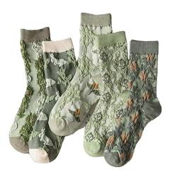 5 Paar Damen-Socken, grün, florales Ethno-Jacquard-Baumwolle, Y2K, Fairycore, Indie-Crew-Socken, Kleidersocken, Alt-Zubehör, 5 Paar, Einheitsgröße von CYee