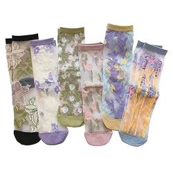 CYee 7 Paar ästhetische florale durchsichtige Socken Damen Vintage bestickte Netzsocken Rüschen Spitze Socken Cottagecore Zubehör, 7 Paar, Einheitsgröße von CYee