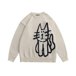 Damen Grunge Oversized Sweater Egirl Katzenmuster Strickpullover Rundhals Langarm Streetwear Sweatshirt, Beige, X-Groß von CYee