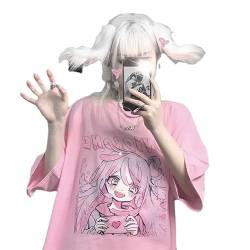 Damen Kawaii Alt Pullover Tops Vintage Print Grafik Kurzarm Tee Harajuku Oversized Streetwear Ästhetisches T-Shirt, Pink, 3X-Groß von CYee