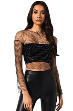 Damen Mesh Sexy Tops Fischnetz durchsichtig Neckholder Hollow Out Strass Cover Up Crop Top Shirts für Festivals, schwarz, X-Klein von CYee