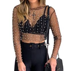 Damen Perle Strass Durchsichtig Langarm Mesh Bluse Perlen Glitzer Crop Top T Shirt Party Clubwear, schwarz, Groß von CYee