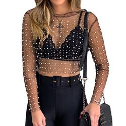 Damen Perle Strass Durchsichtig Langarm Mesh Bluse Perlen Glitzer Crop Top T Shirt Party Clubwear, schwarz, Mittel von CYee