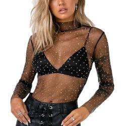 Damen Perle Strass Durchsichtig Langarm Mesh Bluse Stehkragen Perlen Glitzer Crop Top T Shirt Party Clubwear, schwarz, Groß von CYee