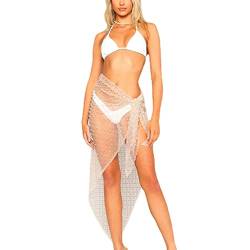 Damen Sexy Sheer Mesh Badeanzug Rock Perle Cover Up Strand Sarong Tie Side Wrap Langer Rock Y2K Strass Streetwear, Beige, Einheitsgröße von CYee