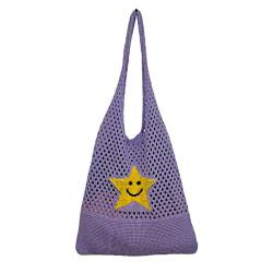 Damen Y2K Hobo-Tasche Trendy Star Muster Gestrickte Schultertaschen Hollow Out Tote Bag Ästhetische Casual Strandtasche, Violett von CYee