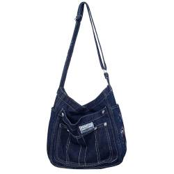 Denim Tote Bag Hippie Geldbörse Grunge Jeans Schulter Handtasche Vintage Hobo Crossbody Bag Street Alt Kleidung, Dunkelblau, Large von CYee