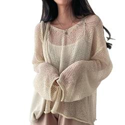 Fairycore Cottagecore Kleidung Y2K Ästhetischer Pullover Grunge Cyber Bluse Lange Ärmel Crochet Streewear Tops, Beige, EinheitsgröÃŸe von CYee