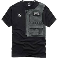 Herren Cyberpunk Cargo Techwear Grunge T-Shirt mit Tasche Japanische Oversized Streetwear Gothic Kurzarm Tops, Schwarz, L von CYee