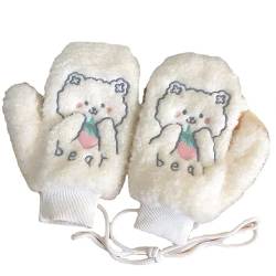 Niedliche Bären-Stickerei, Plüsch-Handschuhe, warm, weich, Cartoon-Y2K, ästhetisch, dicke Fäustlinge, fingerlos, flauschige Handschuhe, Zubehör, Weiß, Einheitsgröße von CYee