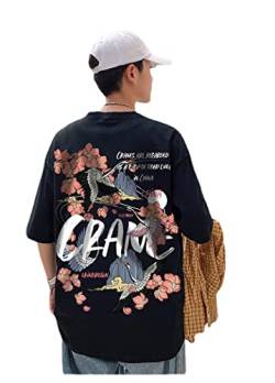 Vintage Ästhetische japanische Sakura Graphic Tees Crane Oversized Kurzarm T-Shirt Alternative Grunge Streetwear, Schwarz, Mittel von CYee