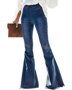 Bell Bottom Jeans für Frauen High Waisted Flare Jeans Taille Raw Hem Stretch Skinny Denim Hose, 324-dunkelblau, M von CZFSWT