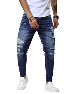 CZIMOO Herren Jeans Slim Fit Denim Hose Casual Ripped Distressed Jeans mit Taschen Dehnbare Herrenjeans Enge Hose Dunkelblau 34 von CZIMOO