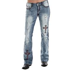 Damen Distressed Denim Jeans Bestickte Kreuz Denim Lange Hose Bootcut Jeans, blau, Mittel von CZVEVOY
