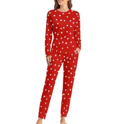 CZZYH Damen-Pyjama-Sets mit Taschen, weicher Rundhalsausschnitt, Damen-Pyjama, rot, runde Punkte, Schlafanzug für Damen, Rot-weiße runde Punkte, 46 von CZZYH