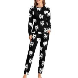 CZZYH Damen Pyjama-Sets mit Taschen, weicher Rundhalsausschnitt Damen Pyjamas, Schwarz Weiß Cartoon Mops Schlafanzug für Frauen, Schwarz Weiß Cartoon Mops, 36 von CZZYH