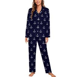 CZZYH Damen Pyjama-Sets mit Taschen, weicher V-Ausschnitt Damen Pyjamas, Blauer Hintergrund Anker Pyjama für Frauen, Blauer Hintergrund Anker, 46 von CZZYH