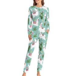 Damen-Pyjama-Sets mit Taschen, weicher Rundhalsausschnitt, Damen-Pyjama, Kaktus, Cartoon-Alpaka-Schlafanzug für Frauen, Kaktus-Cartoon-Alpaka, 38 von CZZYH