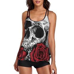 Damen Tankinis, Badeanzug, Badeanzug Frauen, Wunderschöne Rose und Totenkopf Bikini für Schwimmen, Tauchen, Strand, Wunderschöne Rose und Totenkopf, 50 von CZZYH