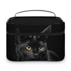 PU-Leder-Make-up-Tasche, tragbare Waschtasche, schwarz weiß Cartoon Mops Kulturbeutel für Männer & Frauen, Schwarze Katze starren, 25x18x15cm von CZZYH