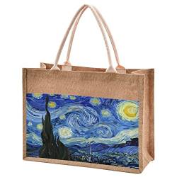 CaTaKu Van Gogh The Starry Night Jute-Tragetaschen mit Griffen und Reißverschluss, große Einkaufstaschen, Jutebeutel mit Vordertasche aus Segeltuch, Geschenktüten für Frauen, 43,2 x 33 cm von CaTaKu