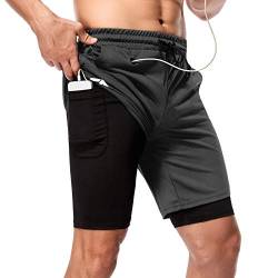 Cabeen Herren 2 in 1 Sport Running Shorts Laufshorts Sporthose Atmungsaktiv Fitness Hose mit 1 Reißverschlusstasche + 2 Seitentaschen von Cabeen