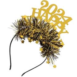 Cabilock 2024 Frohes Neues Jahr Stirnbänder Glitzer-Lametta-Tiara-Stirnbänder 2024 Neujahrs-Haarbänder Für Feiertage Silvester Karneval Partyartikel Zubehör Golden von Cabilock