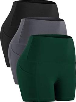 CADMUS Sport-Shorts mit hoher Taille für Damen, Yoga, Fitness, Laufshorts mit tiefen Taschen, 3 Stück: 1016# Schwarz & Grau & Dunkelgrün., Klein von Cadmus