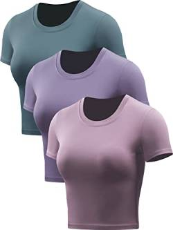 CADMUS Workout Crop Tops Damen Racerback Dry Fit Athletic Shirts Kurzarm 3 Stück, 79#: 3 Stück, hellrosa, hellviolett, dunkelgrün, Klein von Cadmus