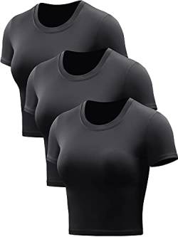 CADMUS Workout Crop Tops Damen Racerback Dry Fit Athletic Shirts Kurzarm 3-teilig, 79#: 3 Stück, schwarz, schwarz, schwarz, Klein von Cadmus