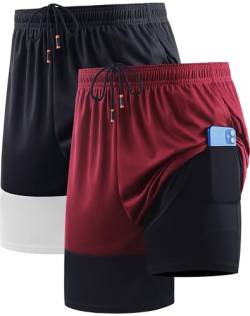 Cadmus Herren 2-in-1-Laufshorts mit Innenfutter, Dry Fit Workout Shorts mit Taschen, 94 Schwarz/Rot, 2er-Pack, 56 von Cadmus