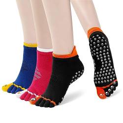 CaiDieNu Yoga-Socken für Damen, rutschfeste Zehensocken mit Griffen für Pilates, Barre, Tanz, Ballett, Krankenhaus, 3 Paar, Mix Yoga-3 Packungen, 6-8 von CaiDieNu