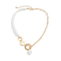 Caiduoduo Kpop Imitation Perle Perlen Anhänger Halskette Flache runde Ringe Metall Link Spleißen Halsband für Frauen Damen Schmuck Hochzeit von Caiduoduo