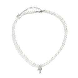 Caiduoduo Perlen Perlenkette mit glänzenden Strass Kreuz Anhänger Halskette MännerWeiß Perlen Halsband Modeschmuck Männlich von Caiduoduo