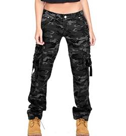 Damen-Tiefe Taille Tarnung Cargo Pants Sports Casual Taktische Hosen Multi Tasche Gerade Beinhose,A,S von Caige