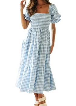 Frauen Sommer Lässige Halfter Gingham Kleid Puffarm Smocked Kleid Rüschen Strand Langes Kleid,Blau,S von Caige