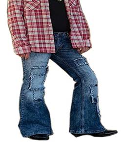 Herren Retro-Jeans-Mode-Patch-Stretch-Glocke-Bottom-Jeans hohe Taille, die gerade breite Bein-Denim-Hose auftönt,Blau,4XL von Caige
