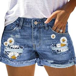 Sommer Casual Denim Shorts für Frauen zerrissenen Gänseblümchen-Drucken Jeans-Shorts - gefesselter Saum,Blue 1,M von Caige