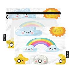 Binder Pencil Pouch 3 Ring Zipper Clear Window Pen Case Big Capacity Cosmetic Bag Storage Container for Storing Office Supplies 2 Pack Kawaii Stars Moon Sun Rainbow von Caihoyu