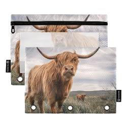 Binder Pencil Pouch 3 Ring Zipper Clear Window Pen Case Big Capacity Cosmetic Bag Storage Container for Storing Office Supplies 2 Pack Striking Couple Western Highland Cows von Caihoyu
