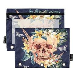 Binder Pencil Pouch 3 Ring Zipper Clear Window Pen Case Big Capacity Cosmetic Bag Storage Container for Storing Office Supplies 2 Pack Summer Watercolor Skull Tropical Leaves von Caihoyu