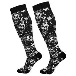 Kompressionsstrümpfe für Damen und Herren, Sport, kniehohe Socken, Unterstützung für Laufen, Wandern, Fitness, abstrakt, weißer Punk-Totenkopf, mehrfarbig, Einheitsgröße von Caihoyu