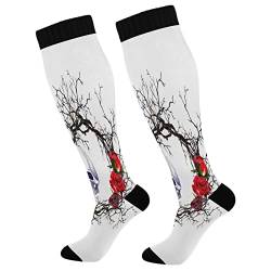 Kompressionsstrümpfe für Damen und Herren Sport Kniehohe Socken Unterstützung für Laufen Wandern Fitness Herzform Menschlicher Totenkopf Zweige Rose, mehrfarbig, Einheitsgröße von Caihoyu