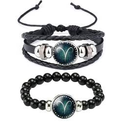 Caimeytie 2 Stück Sternbild Armband für Mädchen,Tierkreiszeichen,Lederarmband Set,einstellbar,handgefertigte gewebte Armbänder,Wickel Armband Frauen,Sternbilder Geschenke Widder von Caimeytie