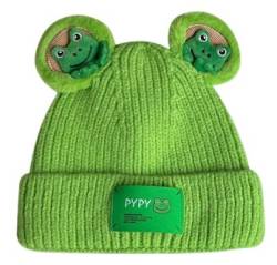 Stricken Frosch Hut Winter Hüte Warme Winter Hüte für Frauen Nette Tier Schädel Hut Kappe Slouchy Beanie Cap Beanies Frauen 2023, Grün , Einheitsgröße von Caissip