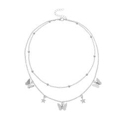 Calager Frauen Modeschmuck Exquisite Design Halskette Schmetterling Stern Halskette Damen Doppelschicht Perlen Kette Mode Anhänger Elegantes Geschenk Silber von Calager