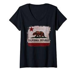 Damen Kalifornien Republik Flagge Distressed Bär T-Shirt mit V-Ausschnitt von California Republic Bear Designs