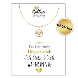 Geschenk für die Freundin Frau - Kette Gold 18K - Karat gelbgold echt vergoldet Callissi Damen Schmuck Grußkarte Karte mit Spruch Liebeserklärung Postkarte Kette Lebensbaum (Lebensblüte) von Callissi